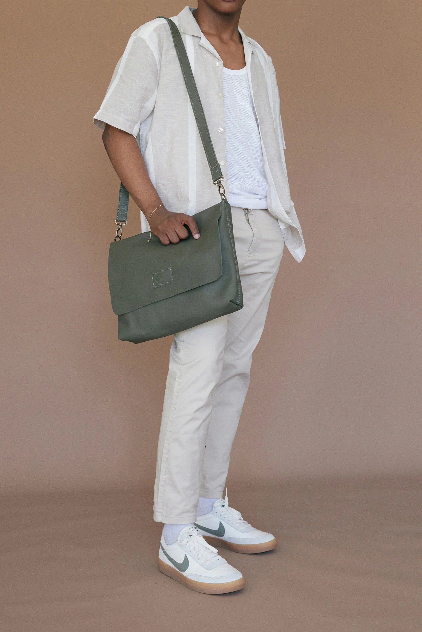 Riley 13" Minimalist Leather Laptop Sling in Khaki Green