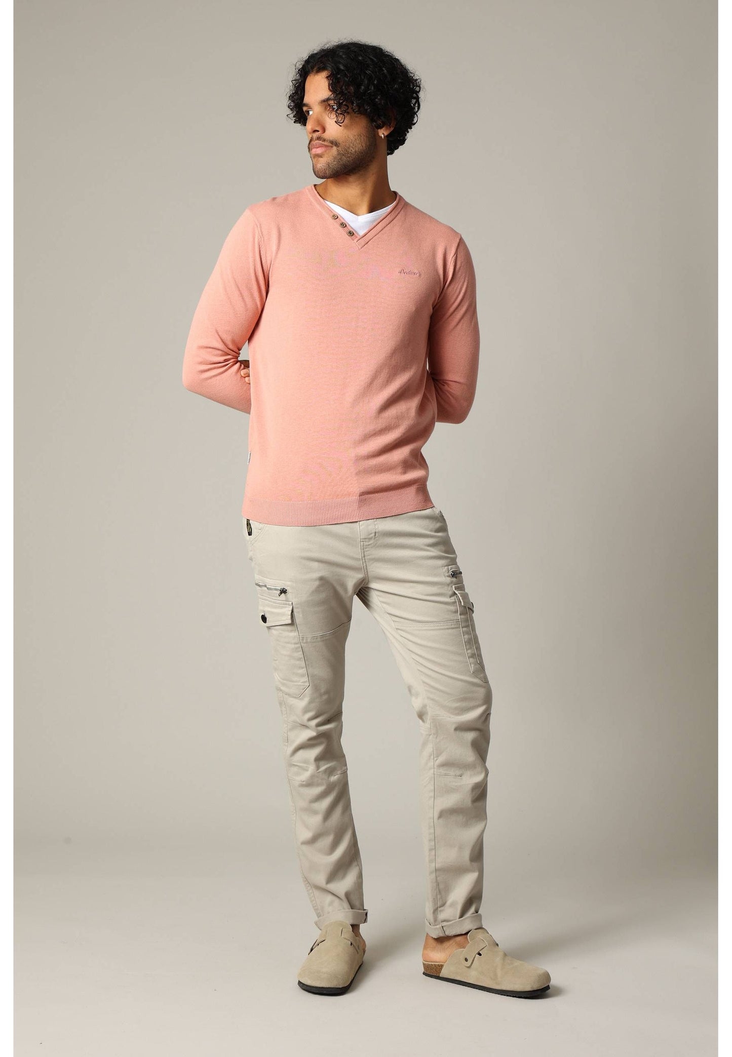 Cotton V-Neck Sweater in Light Marsala