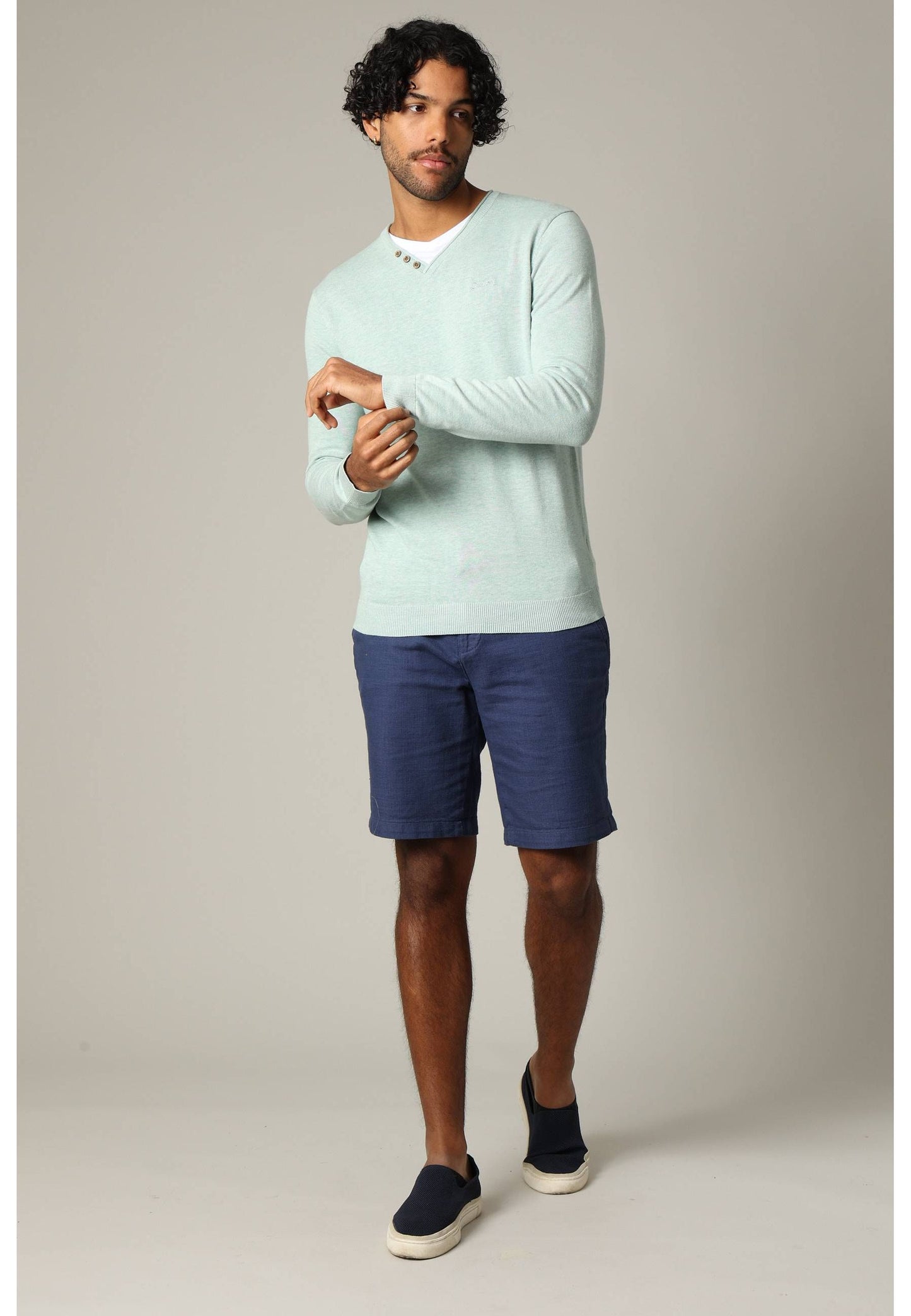 Cotton V-Neck Sweater in Almond