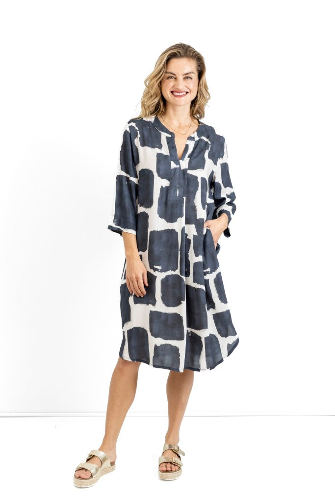 Sophia Classic Mandarin Shift Dress in Ink Impressions