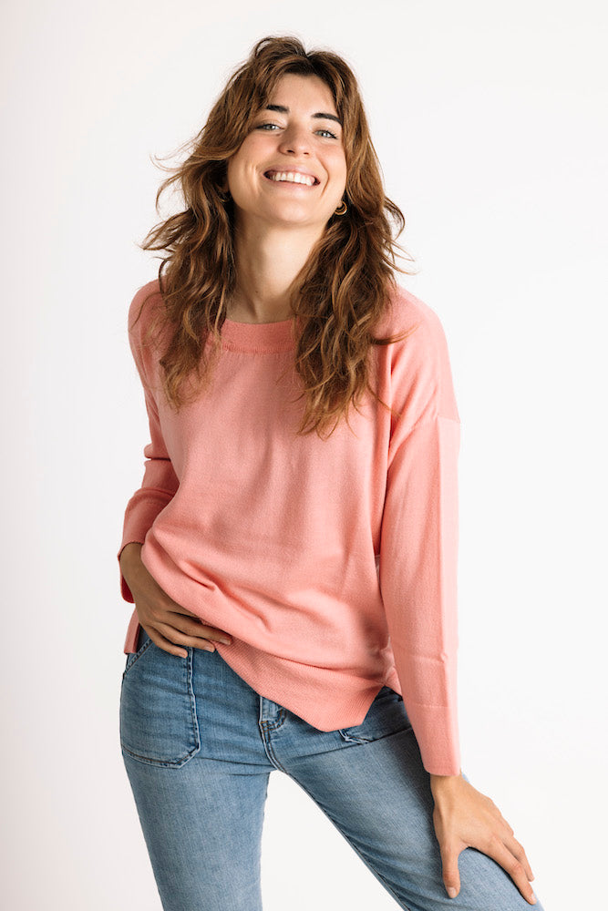 Pure Merino Wool Round Neck Sweater in Coral