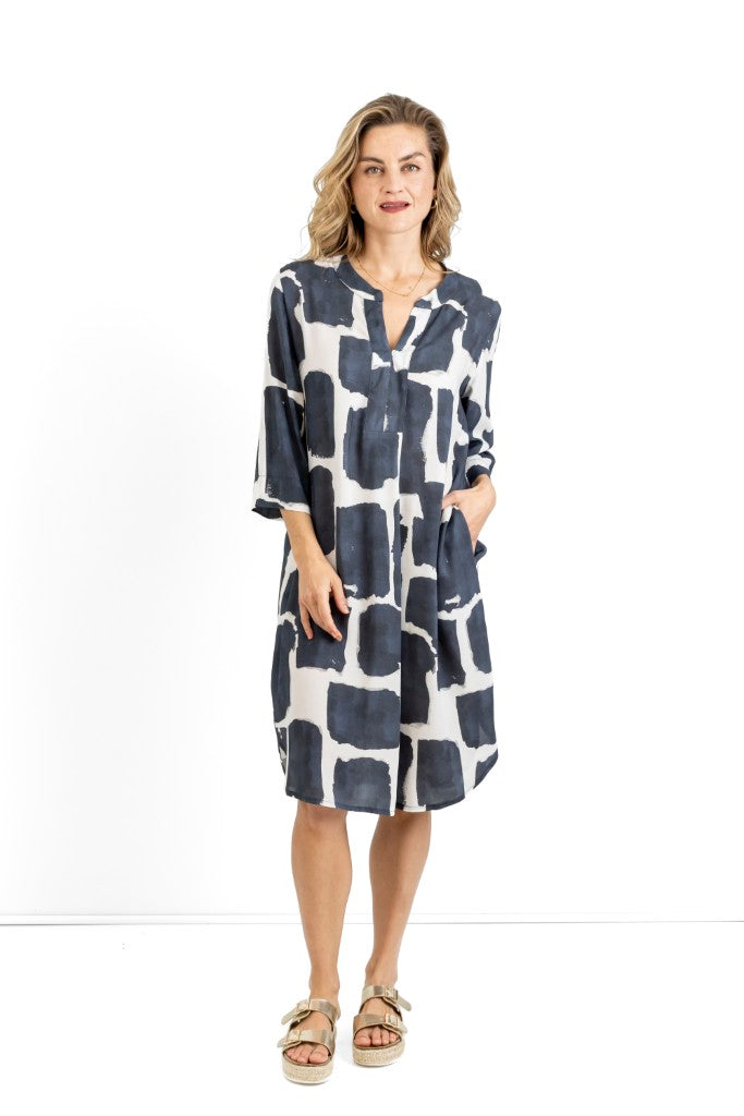 Sophia Classic Mandarin Shift Dress in Ink Impressions