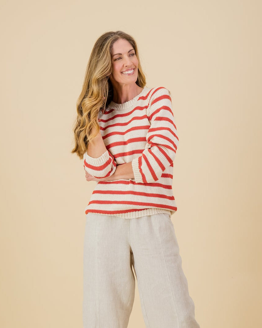 Cotton Stripe Knit in Raspberry / Natural