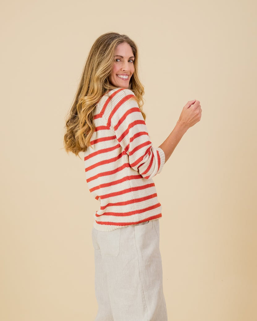 Cotton Stripe Knit in Raspberry / Natural