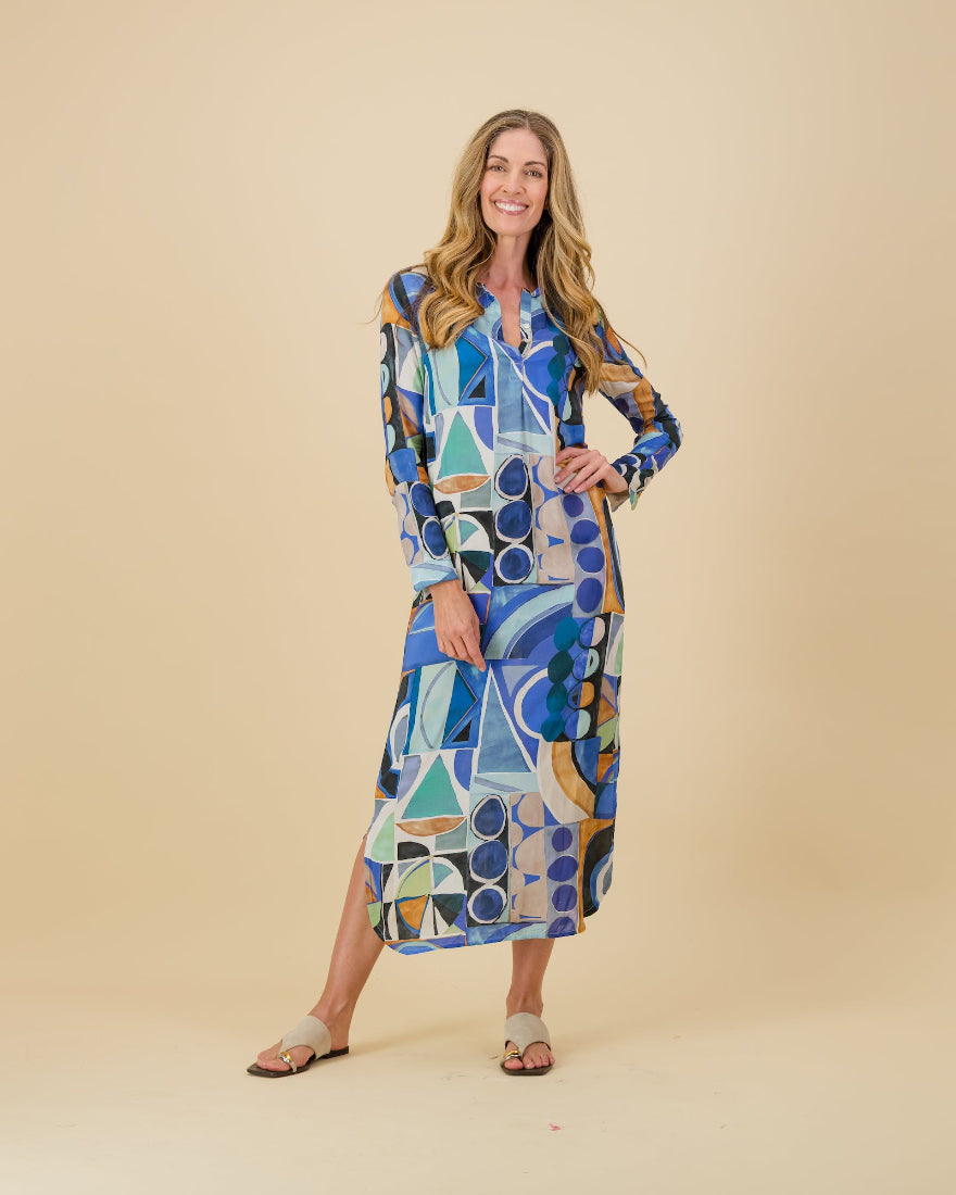 Geometric Printed Maxi Dress in Blue