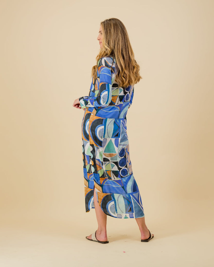 Geometric Printed Maxi Dress in Blue