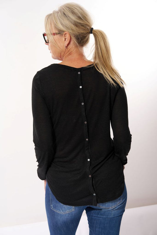 Long Sleeve Tee With Button Down Back in Black