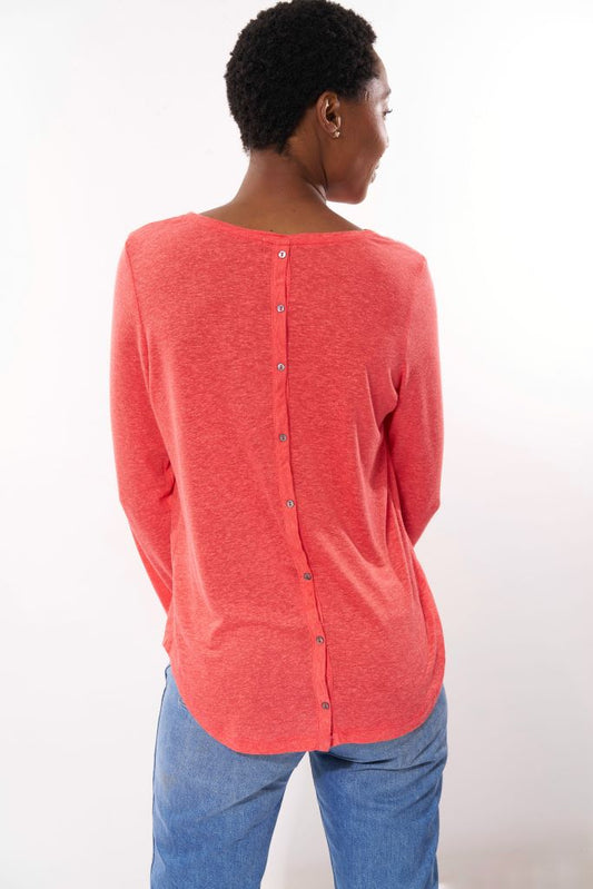 Long Sleeve Tee With Button Down Back in Coral