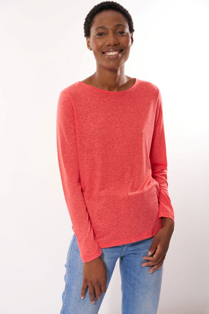 Long Sleeve Tee With Button Down Back in Coral