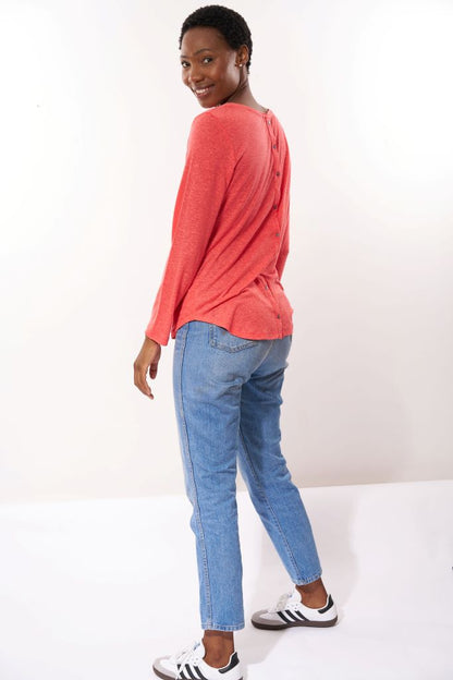Long Sleeve Tee With Button Down Back in Coral