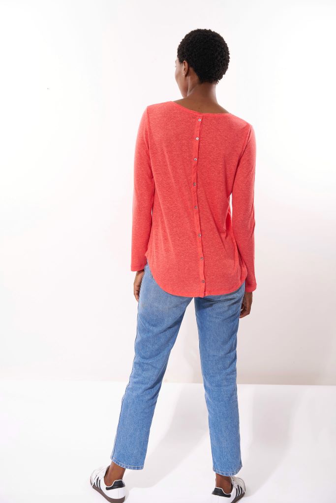 Long Sleeve Tee With Button Down Back in Coral