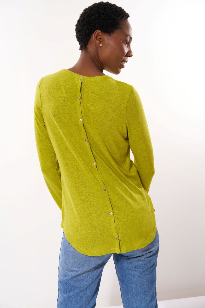 Long Sleeve Tee With Button Down Back in Lime
