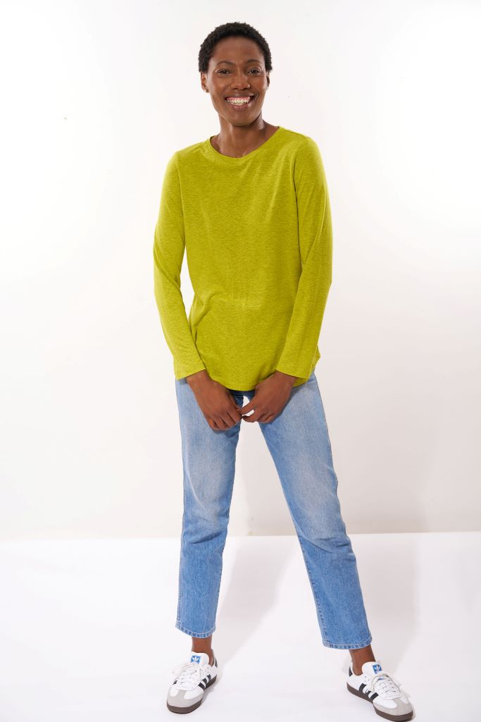 Long Sleeve Tee With Button Down Back in Lime
