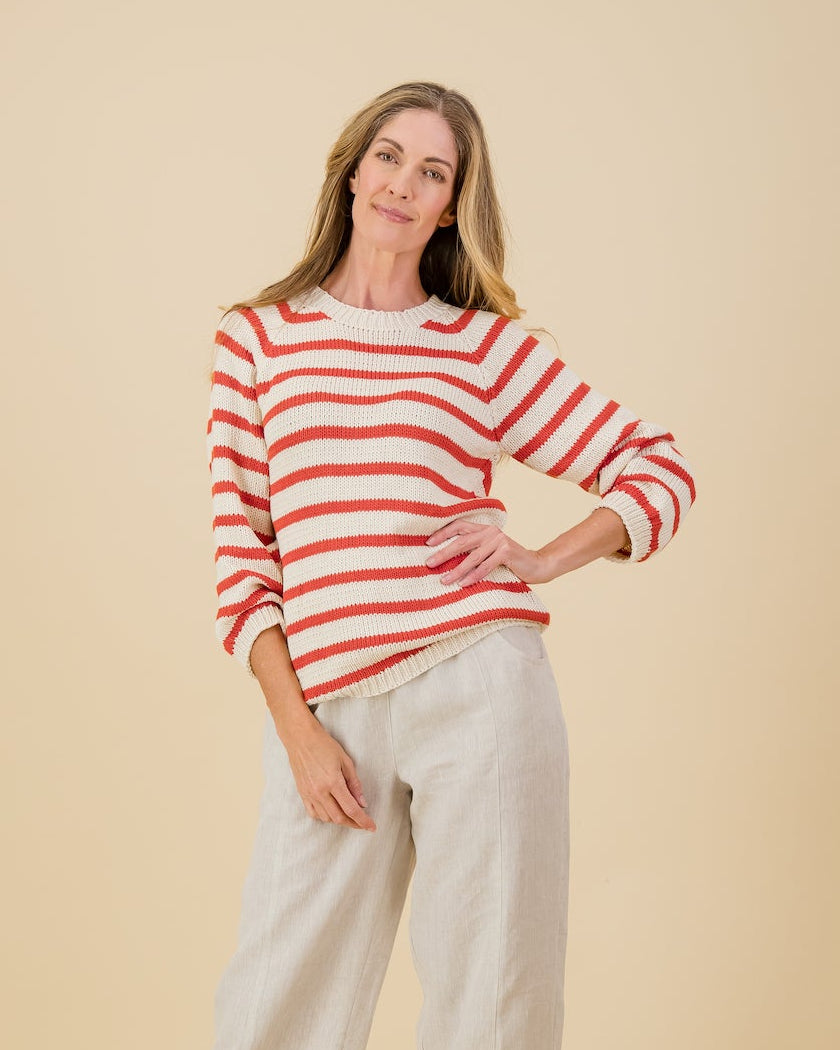 Cotton Stripe Knit in Raspberry / Natural