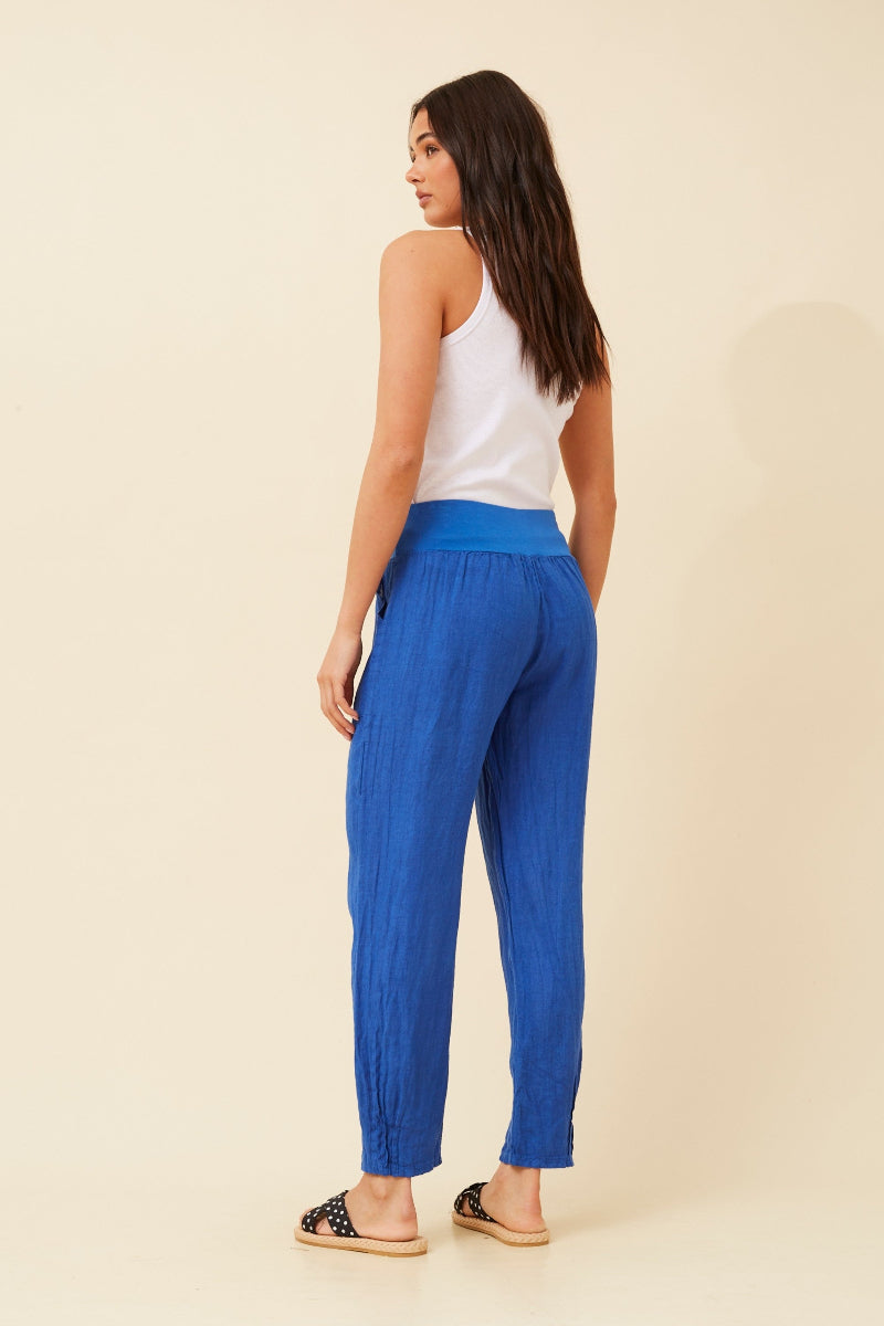 Knit Band Linen Pants in Cobalt