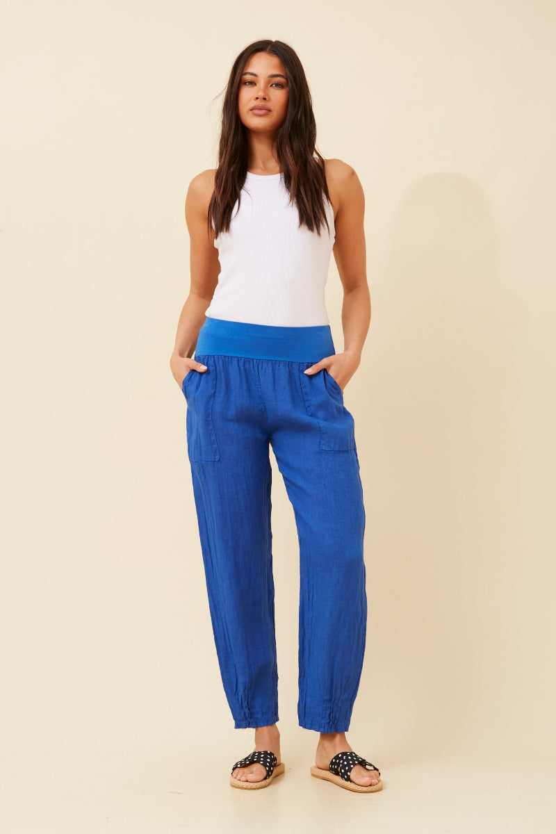 Knit Band Linen Pants in Cobalt