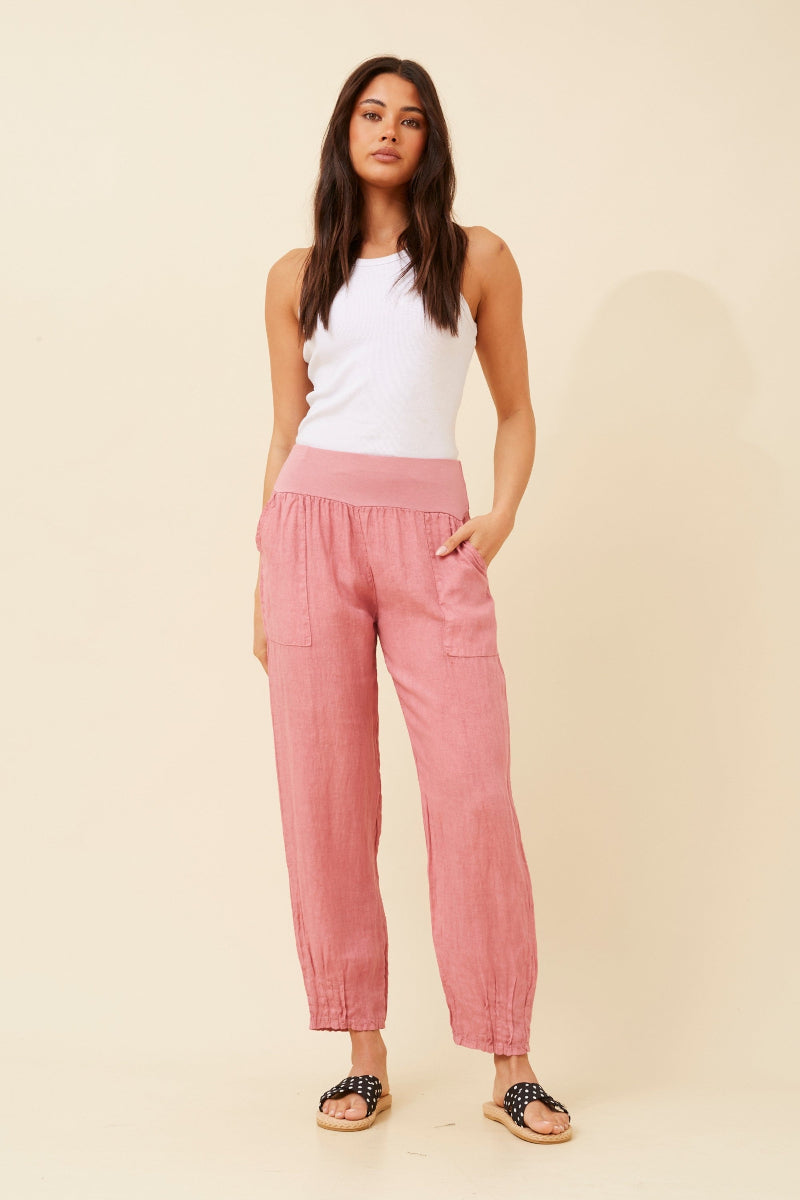 Knit Band Linen Pants in Peach