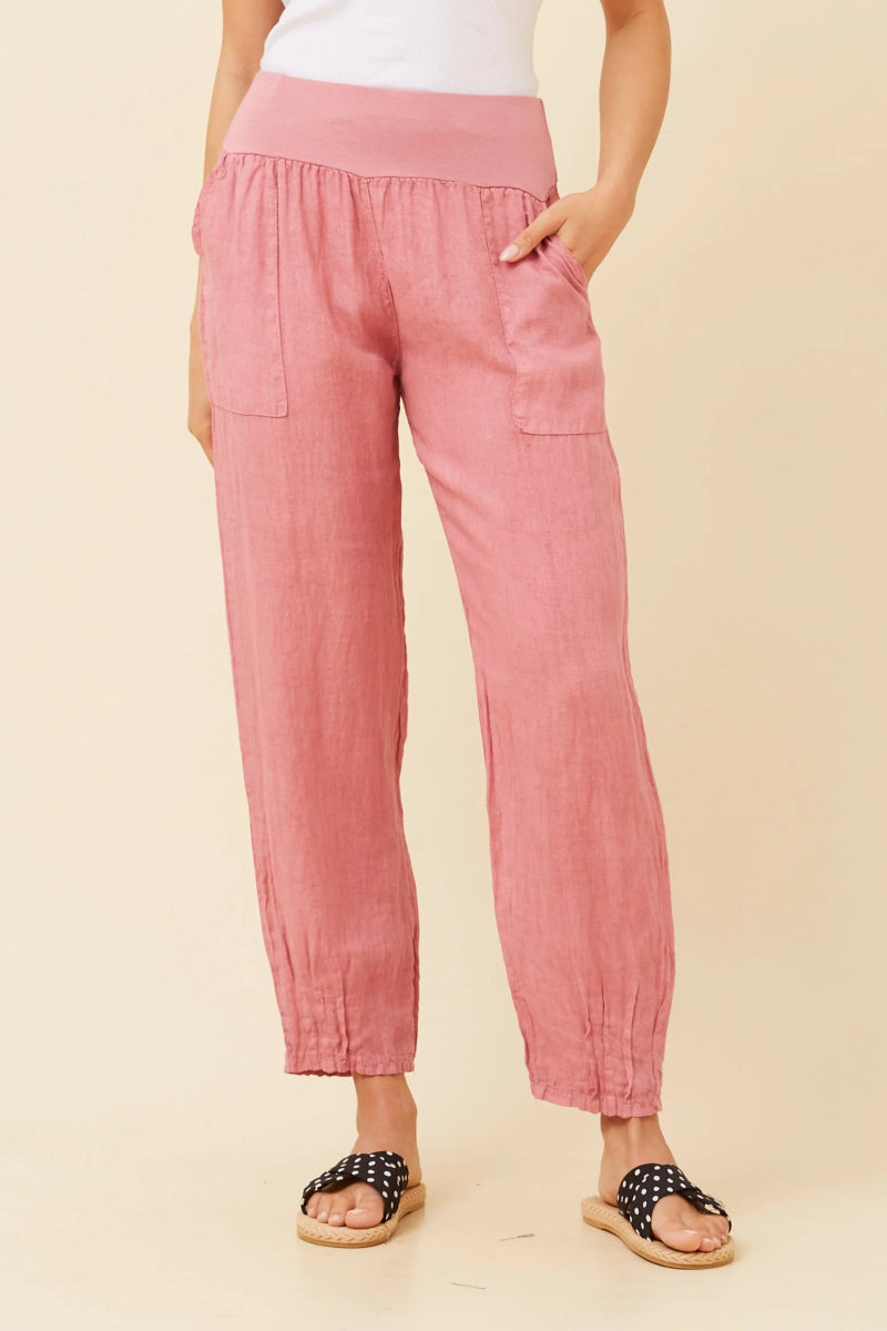 Knit Band Linen Pants in Peach