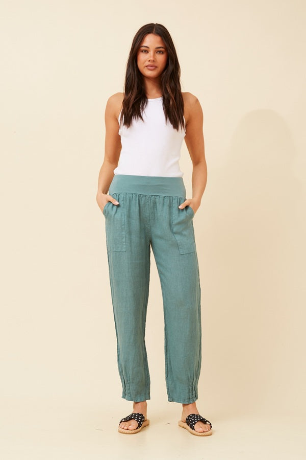 Knit Band Linen Pants in Sage