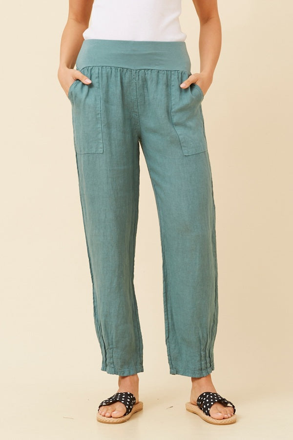 Knit Band Linen Pants in Sage