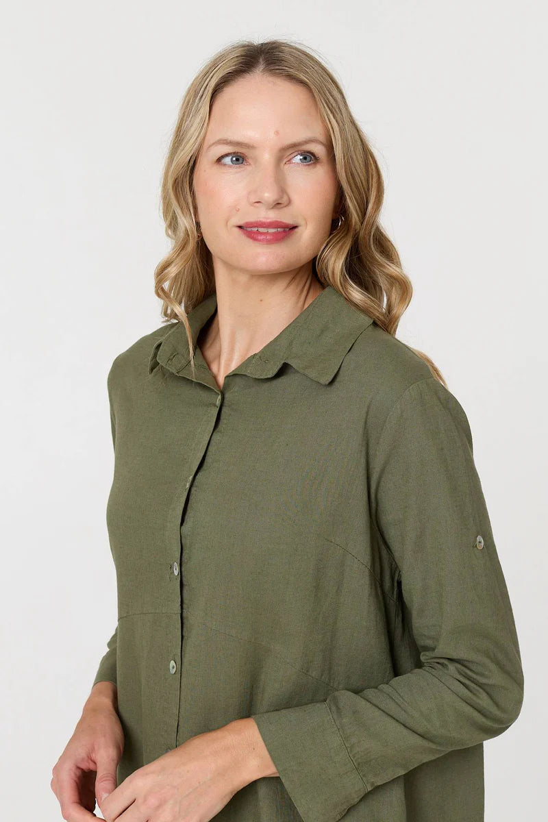Linen Shirt Dress in Khaki