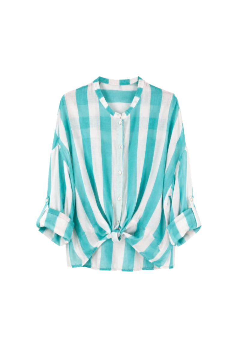 Stripe 3/4 Sleeve Tencel Blouse in Turquoise / White