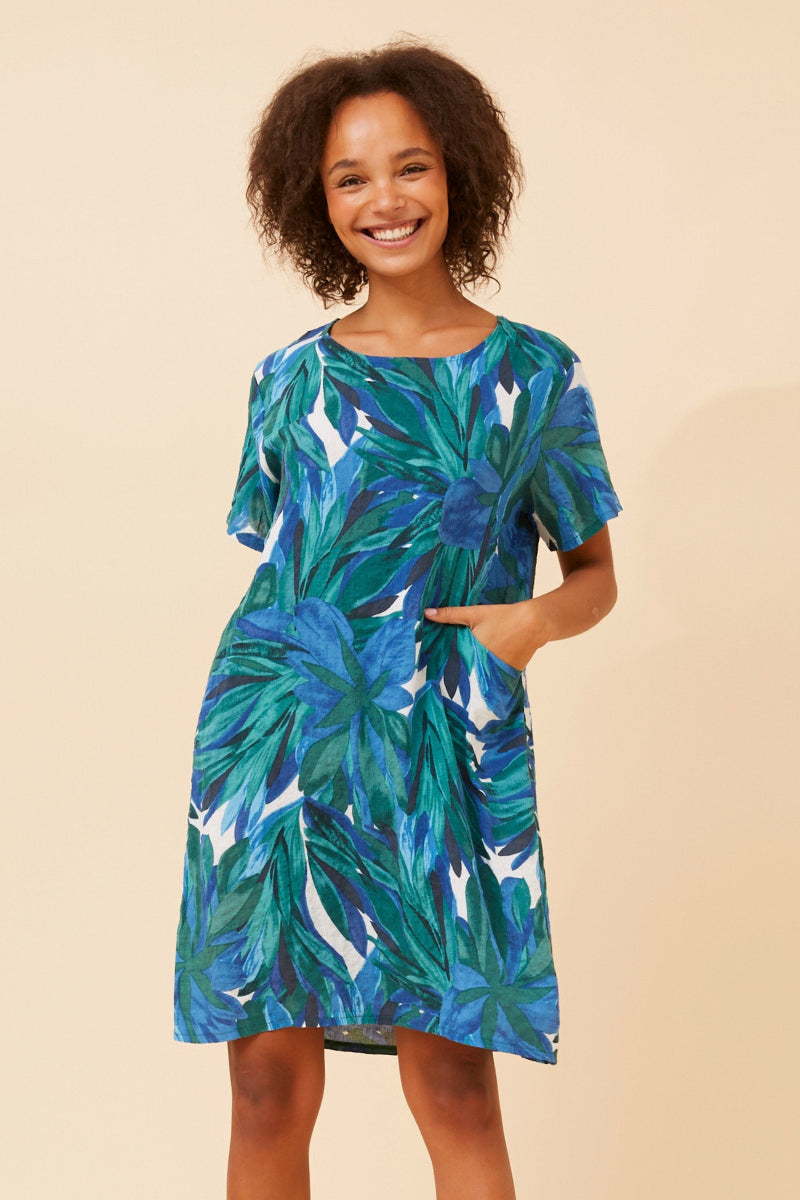 Printed Shift Dress in Green / Blue Leaves