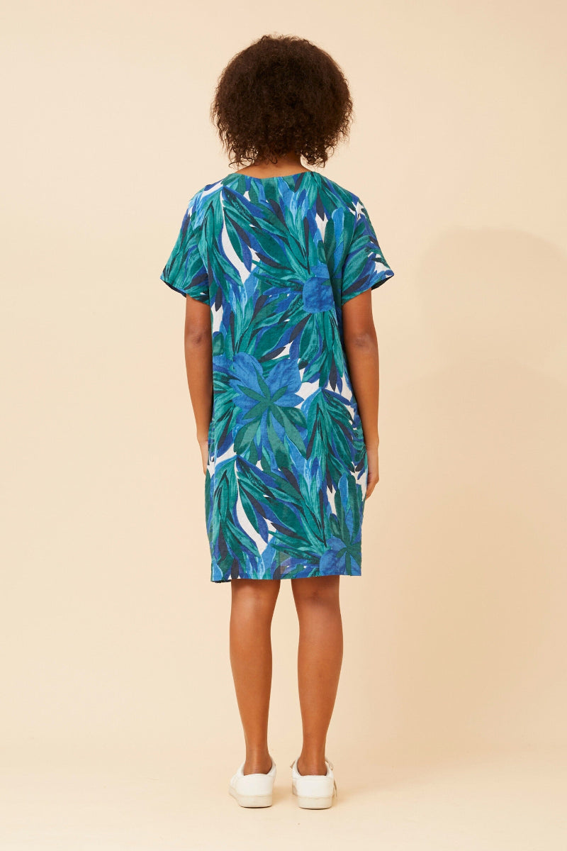 Printed Shift Dress in Green / Blue Leaves