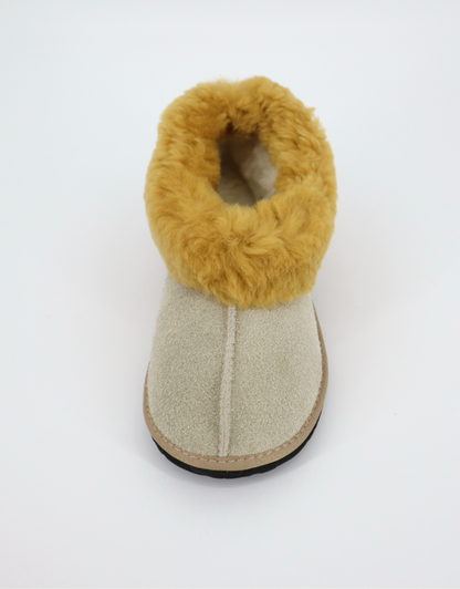 Cosy Sheepskin Wool Slipper in Sand with Gold Collar