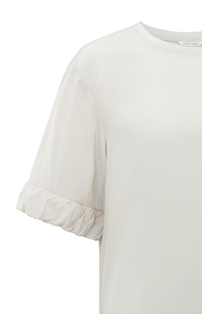 Ruffle Sleeve Fabric Mix Top in Wind Chime Beige
