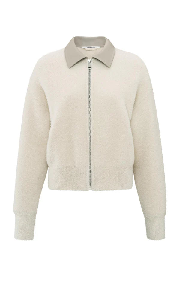 Furry Cardigan with Leather Collar in Off White