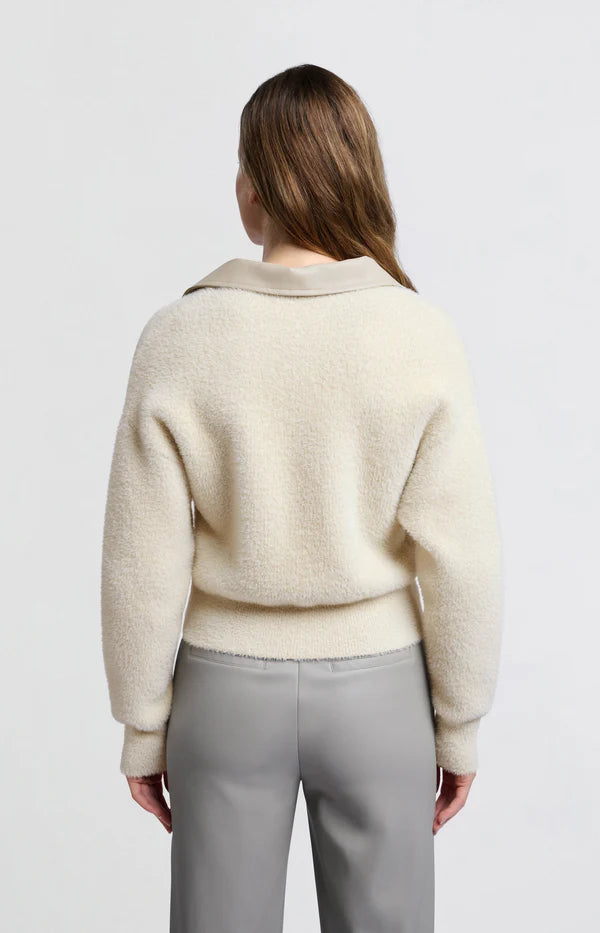 Furry Cardigan with Leather Collar in Off White
