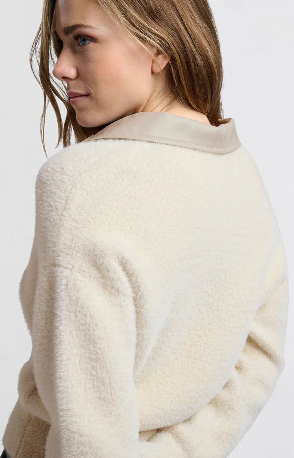 Furry Cardigan with Leather Collar in Off White