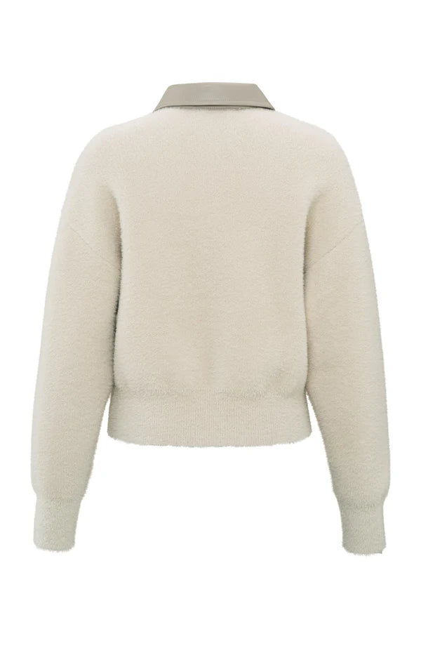 Furry Cardigan with Leather Collar in Off White