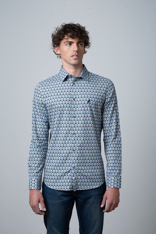 Fern Geometric Printed Long Sleeve Shirt in Blue