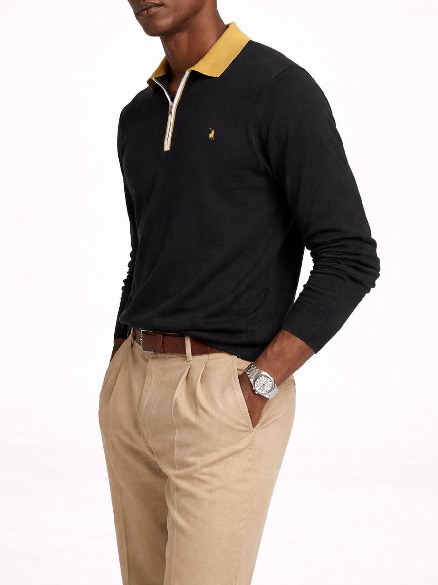Tipped Knitted Long Sleeve Golfer in Navy