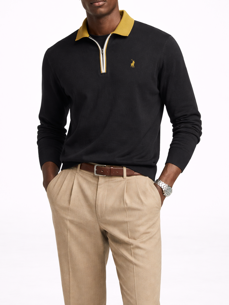 Tipped Knitted Long Sleeve Golfer in Navy