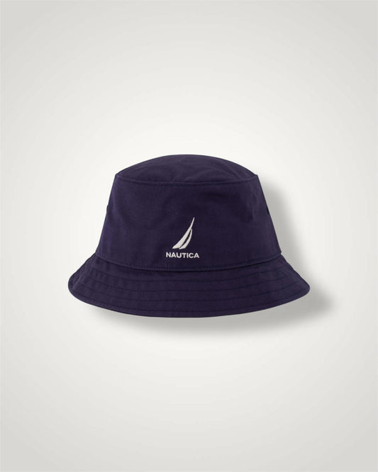 Navy bucket hat with Nautica logo on a light gray background
