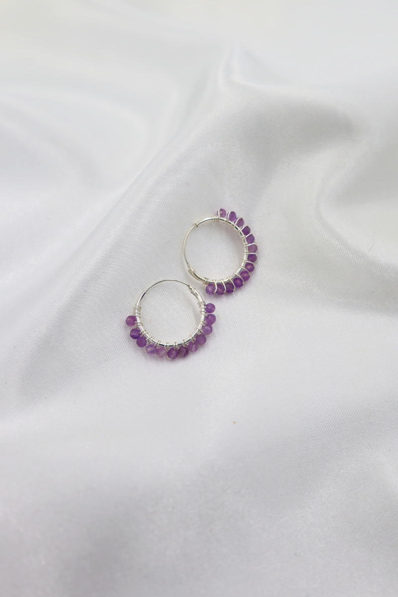 Sterling Silver Amethyst Beaded Sleeper Hoops