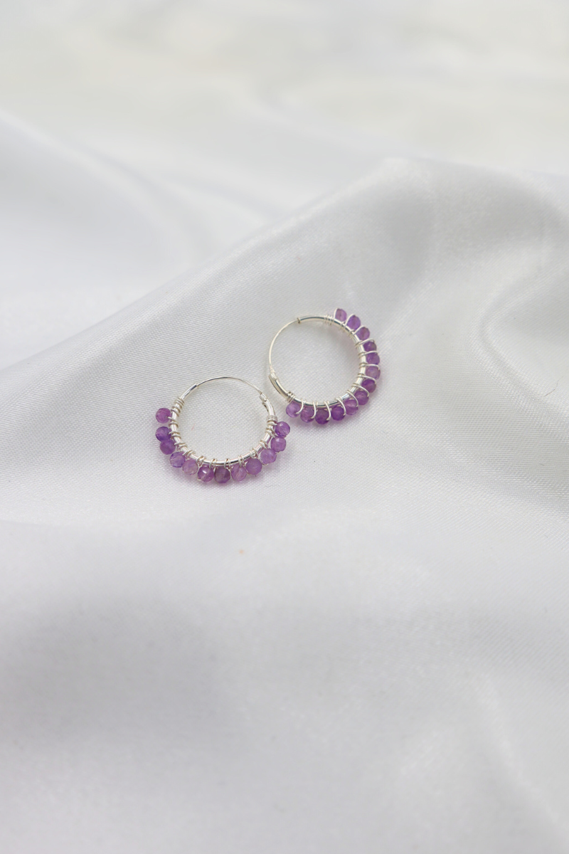 Sterling Silver Amethyst Beaded Sleeper Hoops