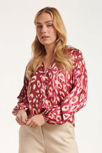 Cheetah Print Satin Blouse in Fuchsia Pink