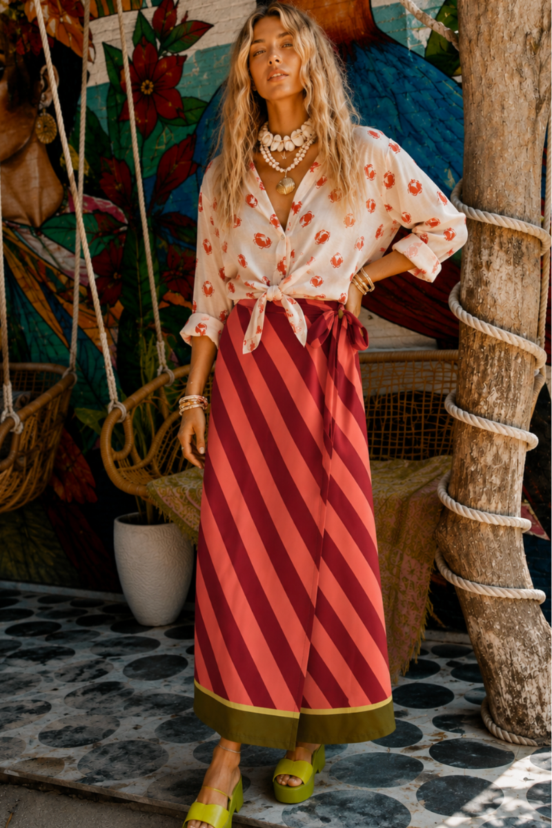 Dolce Maxi Wrap Skirt in Burgundy / Peach
