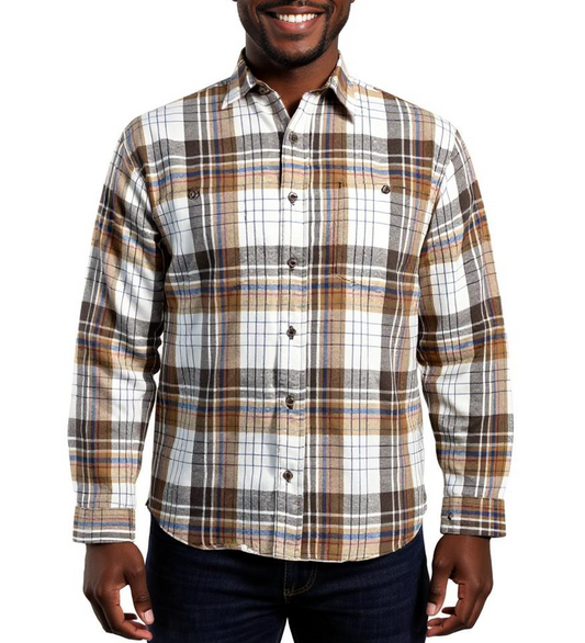 Brushed Cotton Plaid Shirt in Tan / Cream