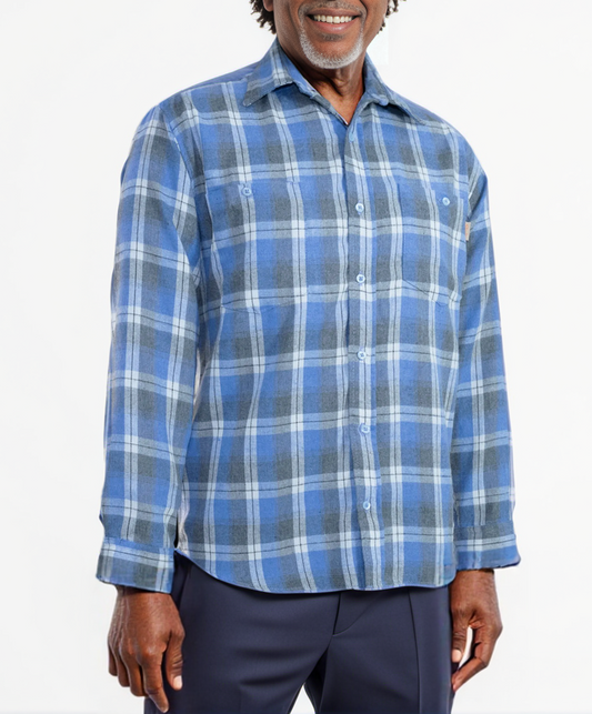 Brushed Cotton Plaid Shirt in Sky Blue / Grey