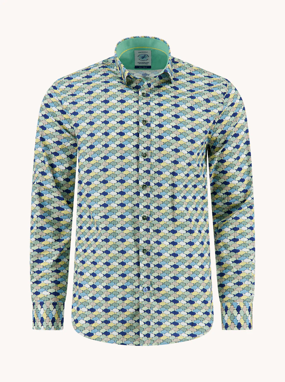 Graphic Fish Stretch LS Cotton Shirt in Greens