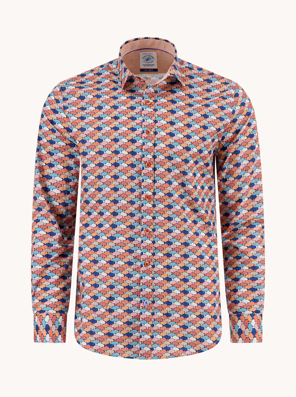 Graphic Fish Stretch LS Cotton Shirt in Reds