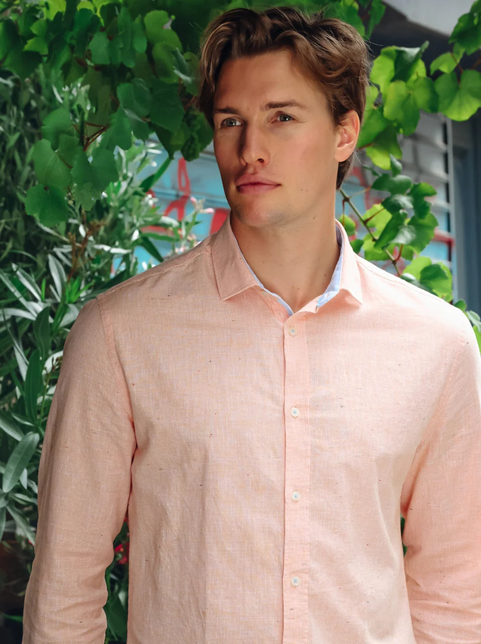 Small Check LS Cotton/Linen Shirt in Peach