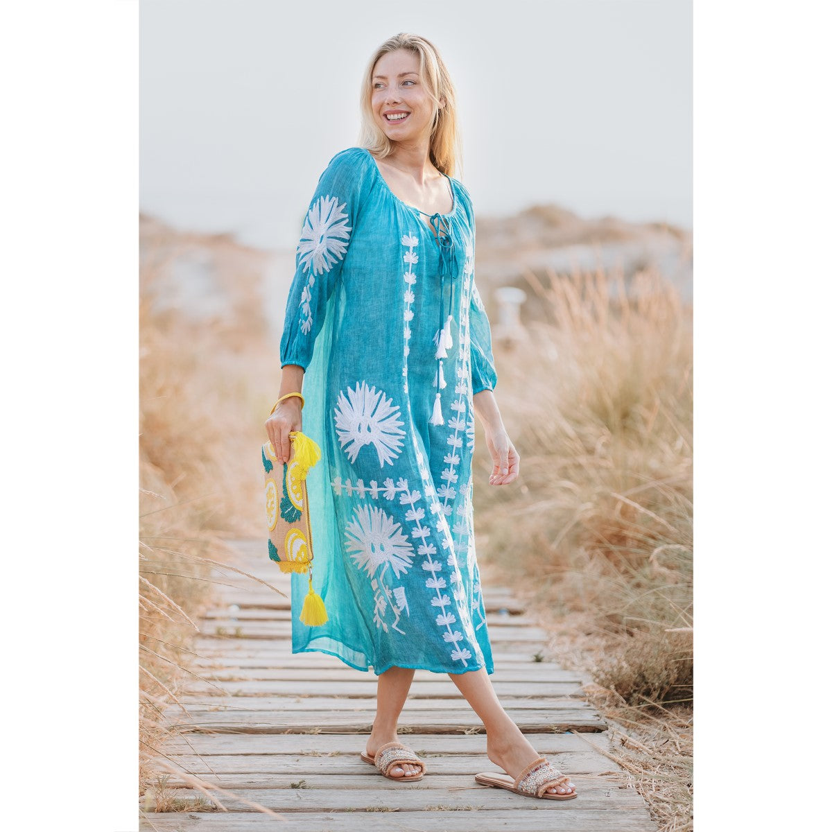 Bloom Embroidered Maxi Dress in Teal