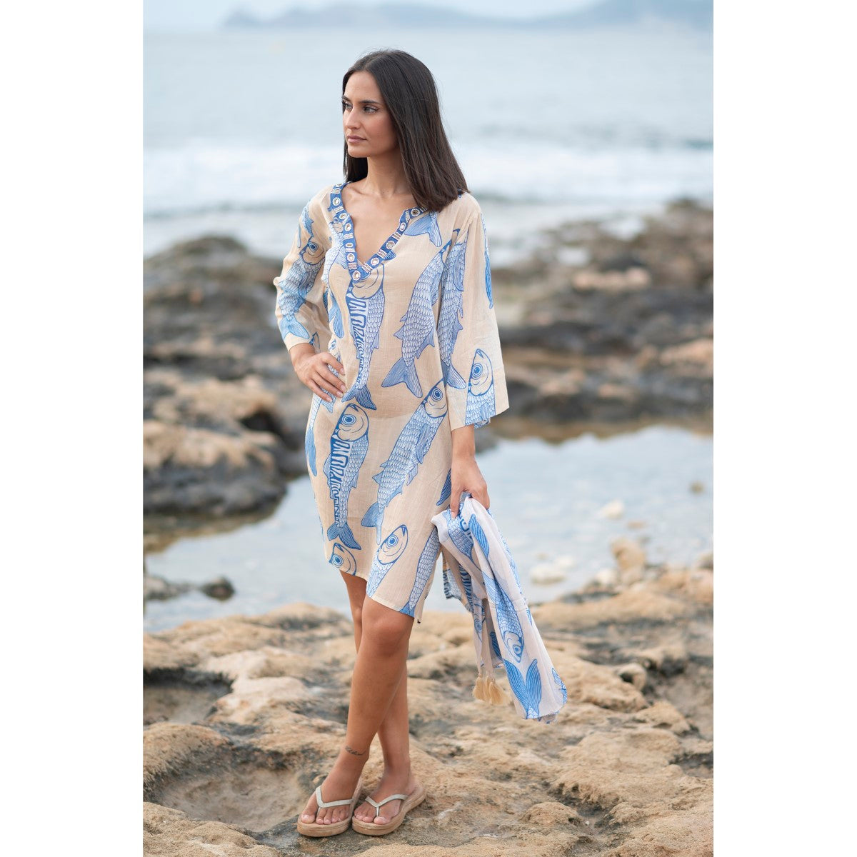 Fish Print Cotton Kurta in Stone / Royal