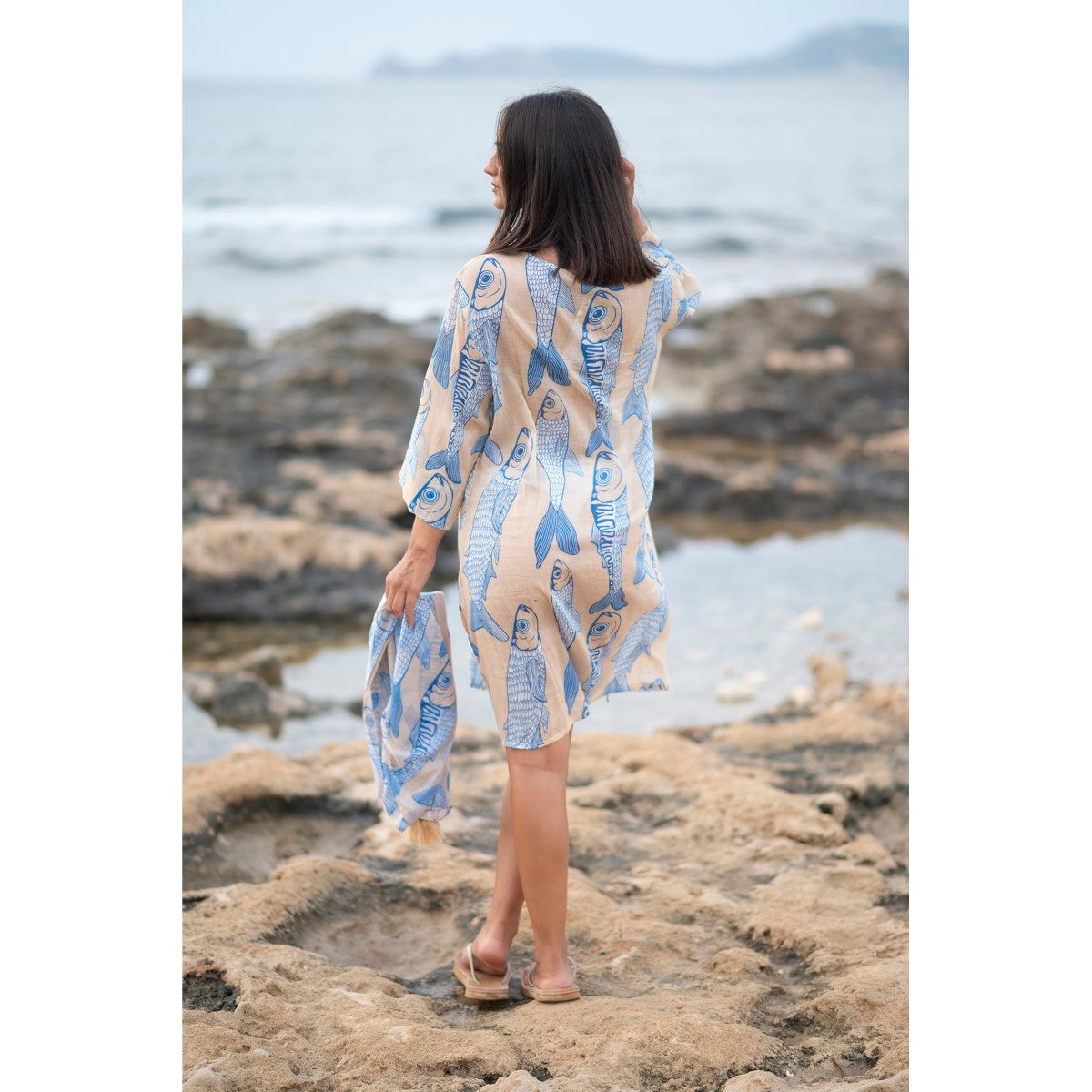 Fish Print Cotton Kurta in Stone / Royal